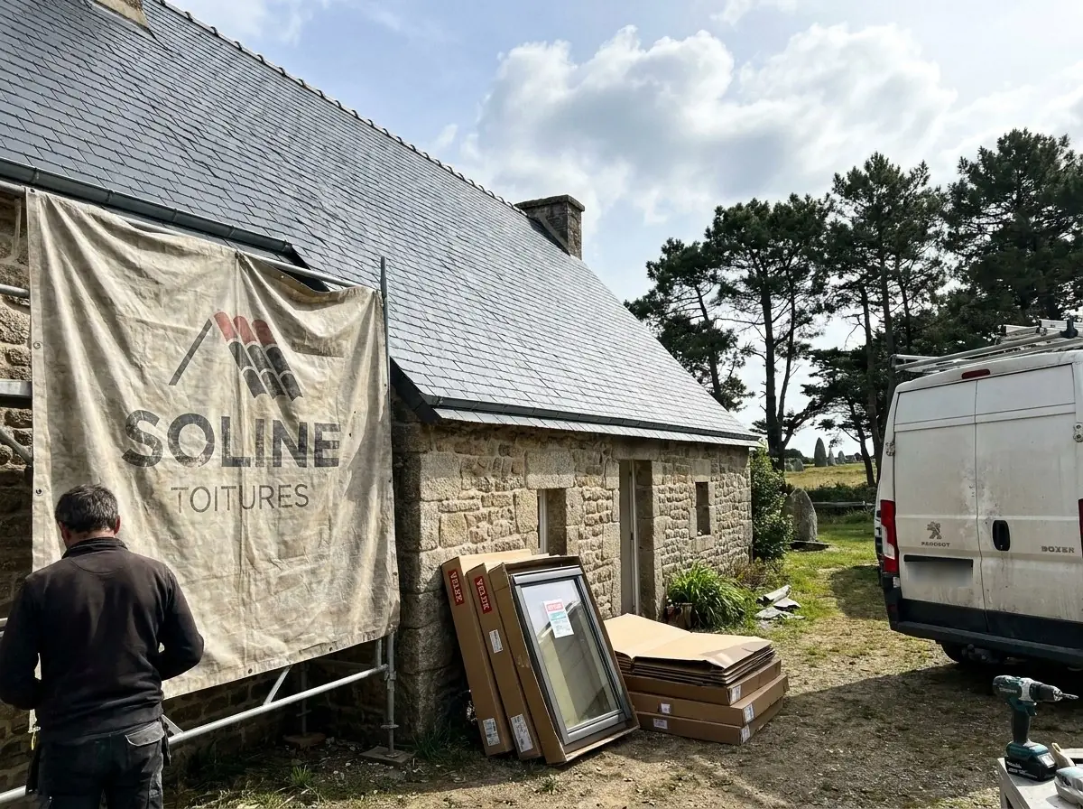Bâche Soline Toitures sur une maison de granit à Carnac après réfection de la couverture en ardoise, fenêtres de toit Velux prêtes à poser, menhirs et pins au fond
