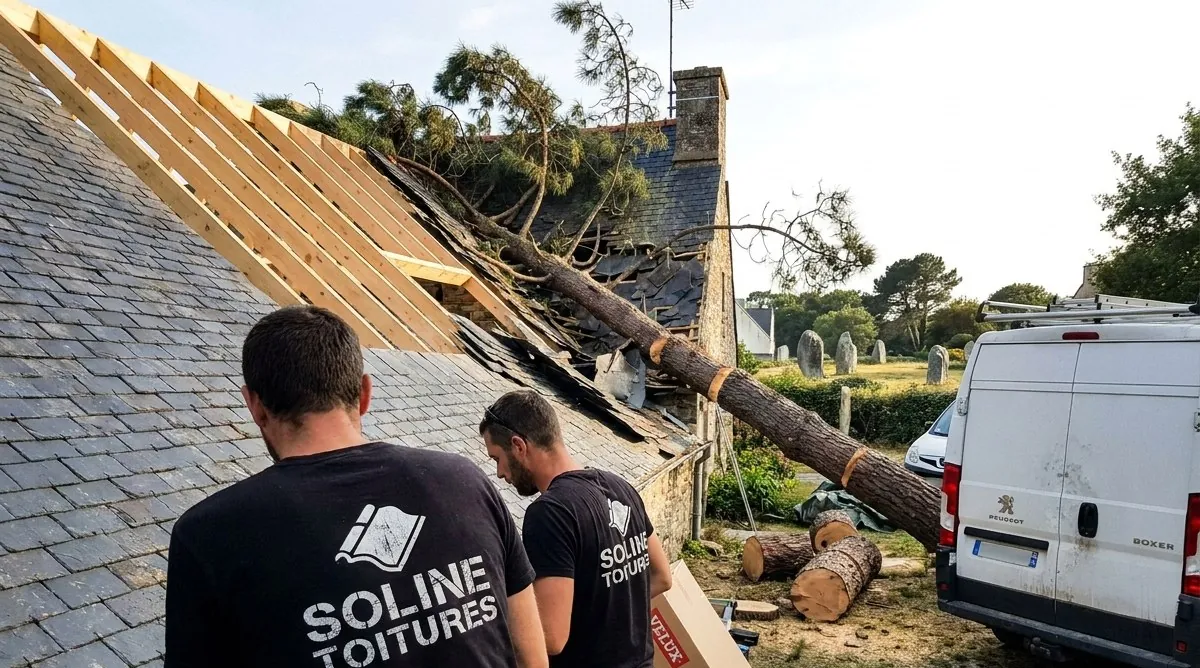 Couvreurs de Soline Toitures devant une toiture en ardoise éventrée par un pin tombé à Carnac, chevrons en cours de remplacement