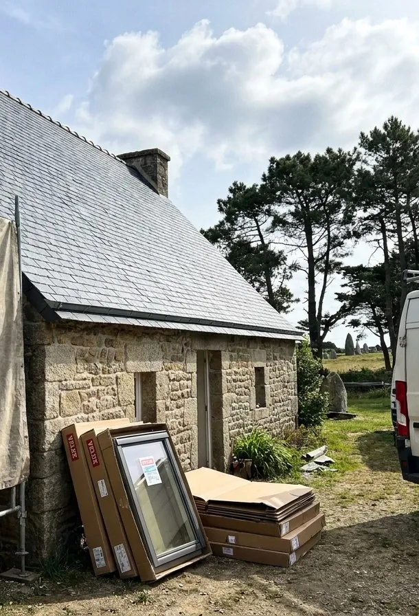 Maison en granit à Carnac avec sa toiture en ardoise refaite par Soline Toitures, pins maritimes et menhirs des alignements à l’arrière-plan